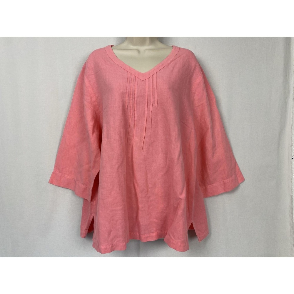 Hot Cotton Linen Top Womens 2X Pink Tunic 3/4 Sleeve V Neck Relaxed Lagenlook